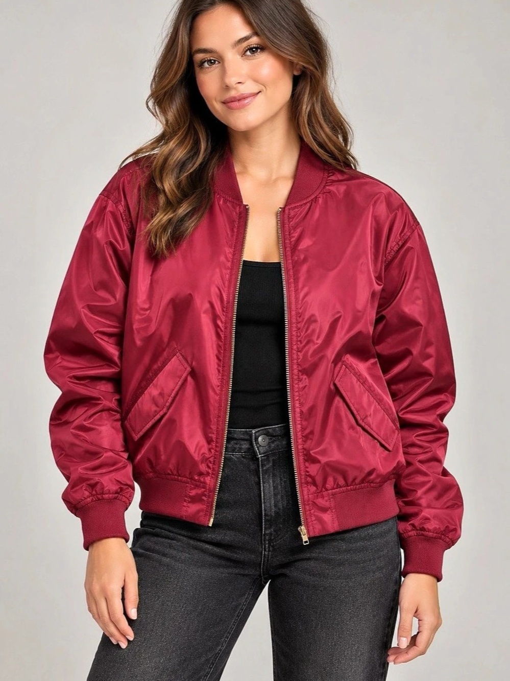 Express Burgundy Satin Bomber Jacket — Women’s Small